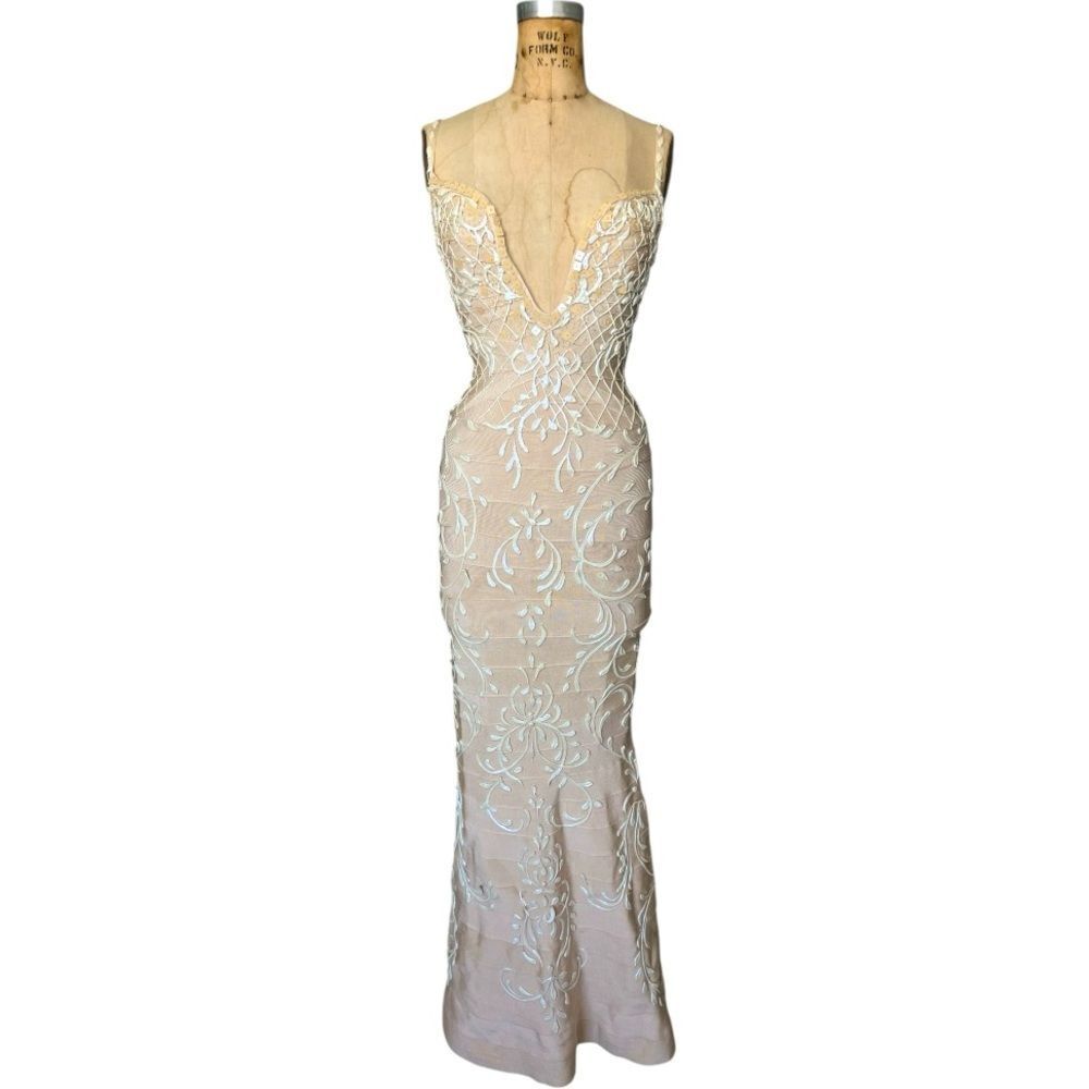 HOLT  Jatoria Bandage Gown in Nude with White Embroidery Size XS